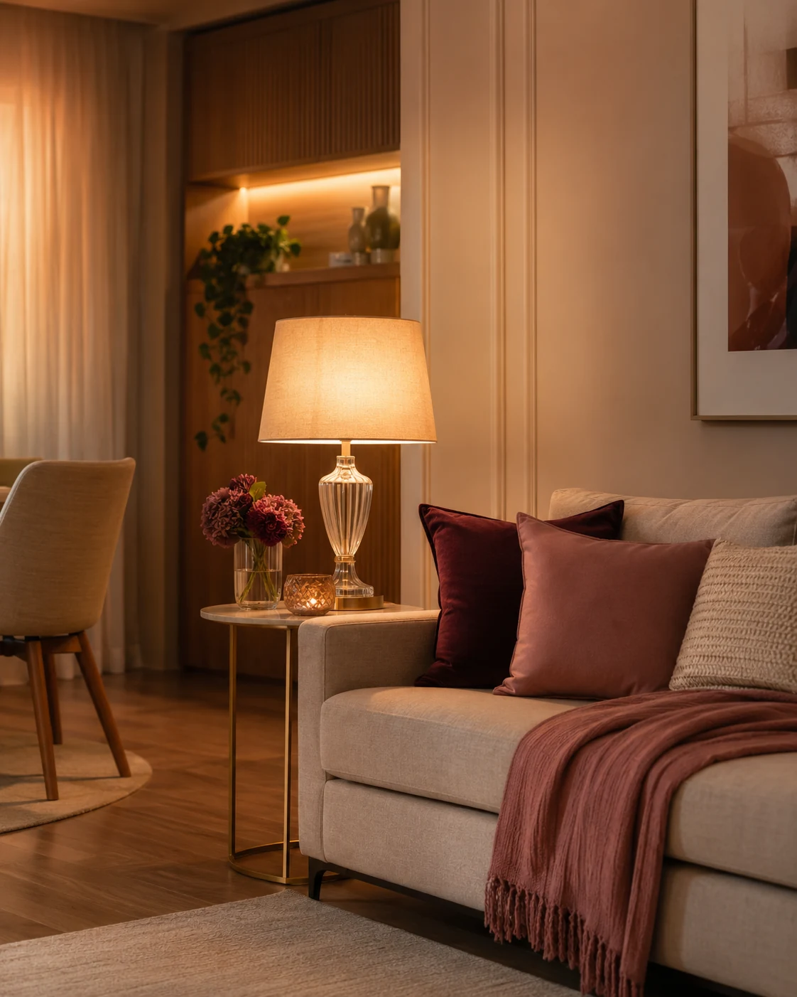 Sala com abajur aceso e luz quente aconchegante ao anoitecer