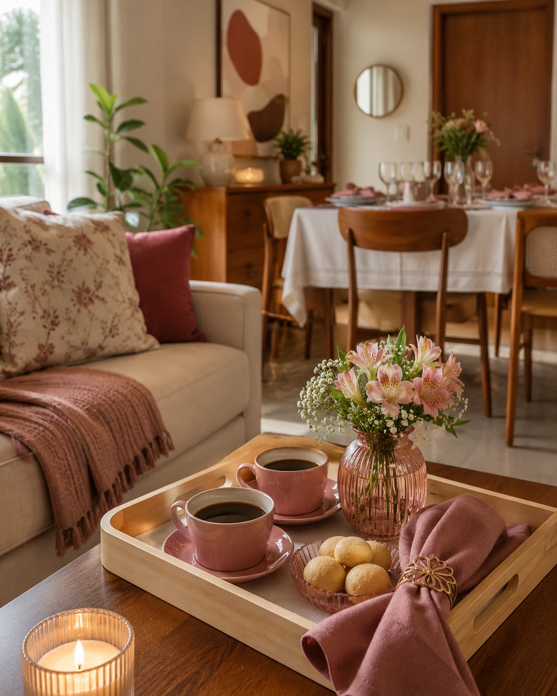 Casa preparada para receber com bandeja, flores, café e mesa posta
